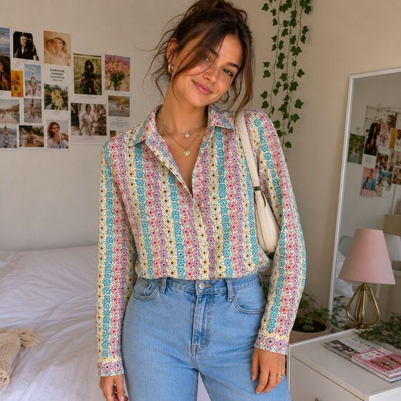 Pykettes Tops - Vintage Floral Button Up Shirt Women's S/M Long Sleeve Flower Power Blouse